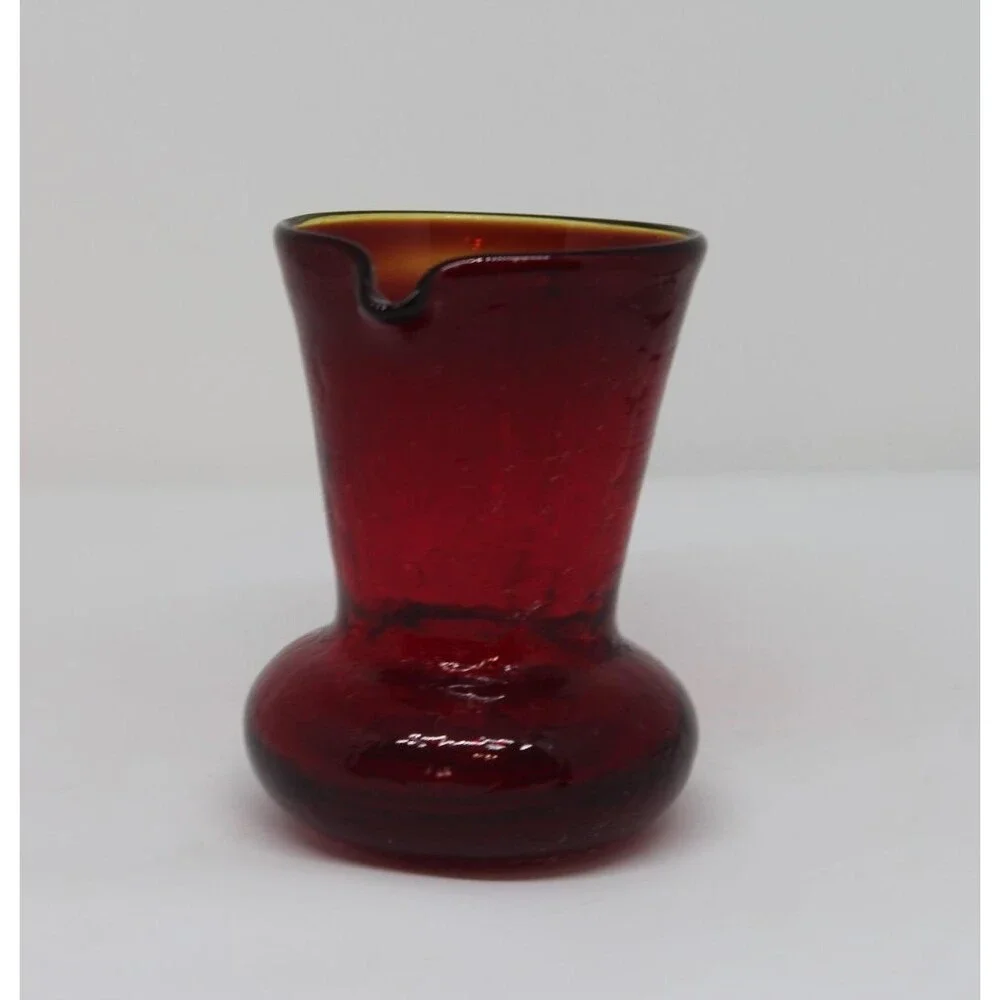 Art Glass Handblown Amberina Red Crackle Mini Glass Pitcher. 3.5